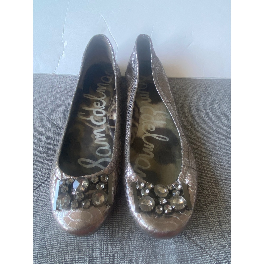 Sam Edelman S-Caper Metallic Snakeskin Crystal Buckle Ballet Flats Pewter 10M